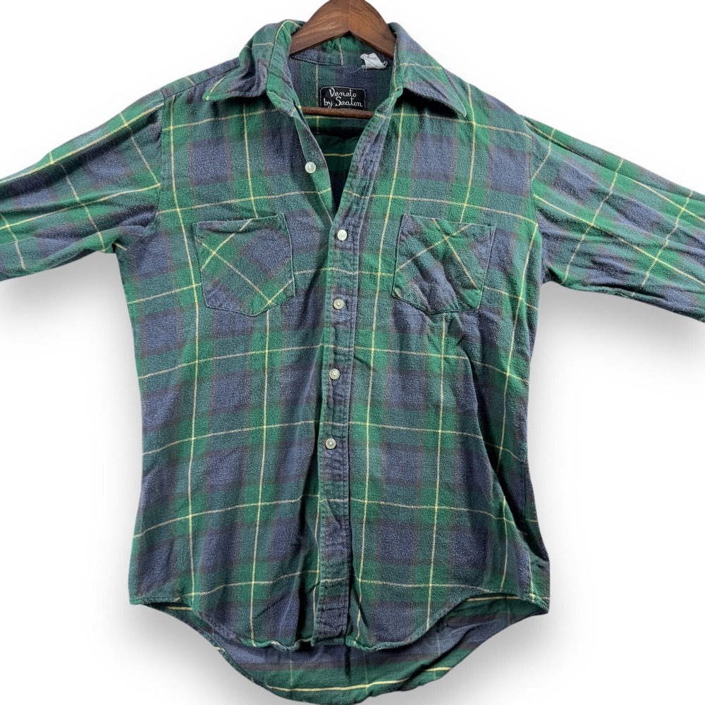 Vtg 70s Veneto by Seaton Flannel Shirt Mens Large Green Blue Plaid Cotton Button